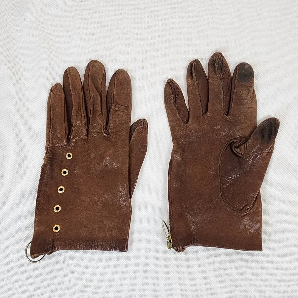 Vintage Women's Brown Leather Gloves zipper wrist Made In France Size Unknown